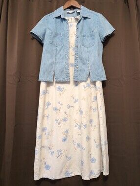 Dress Barn Light Blue Denim Jacket over Cream Floral Dress Size 8 Cottagecore
